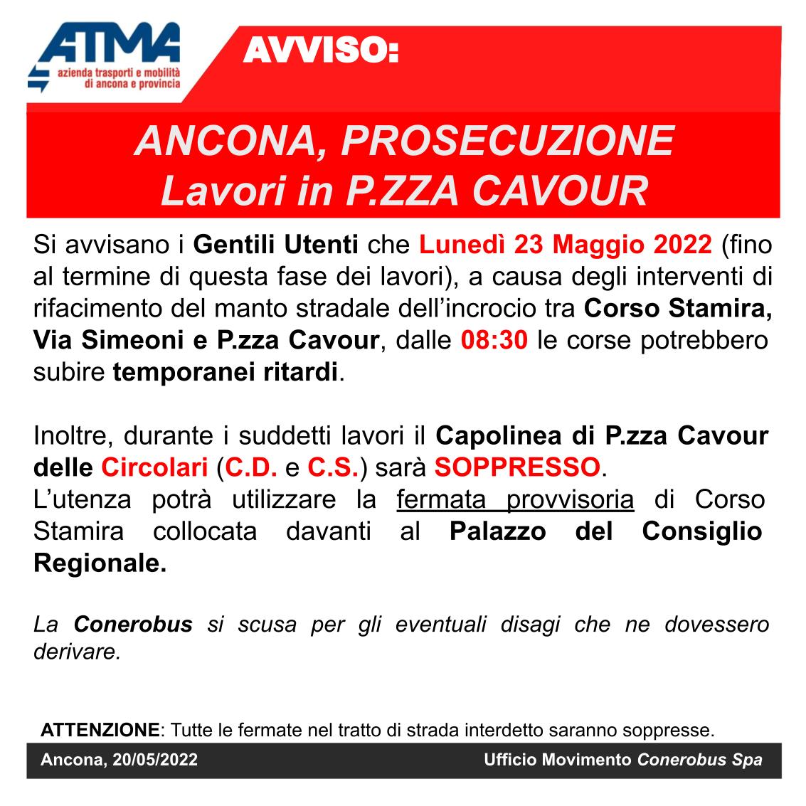 Avviso Prosecuzione Lavori Piazza Cavour